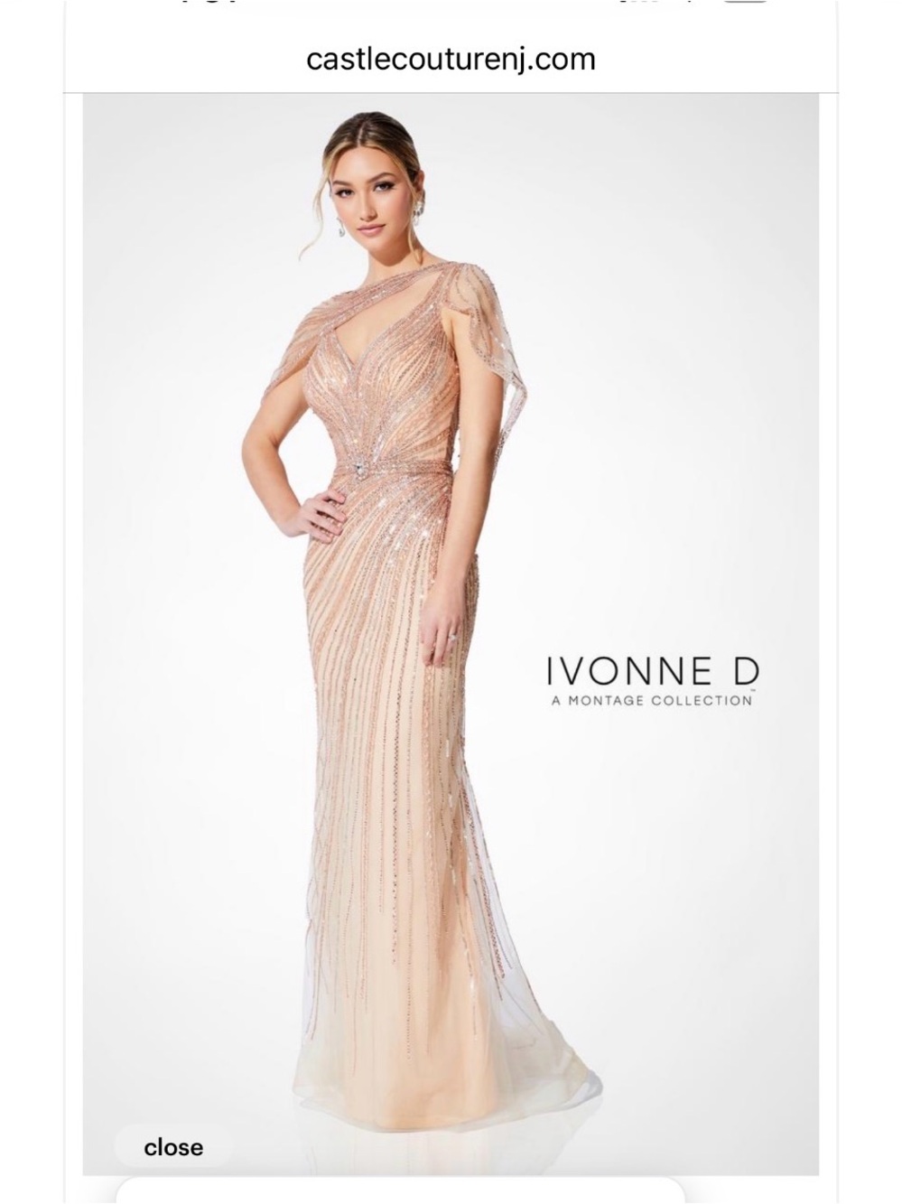 Montage by Mon Cheri Blush-Beaded Evening Gown with Draped Capelet